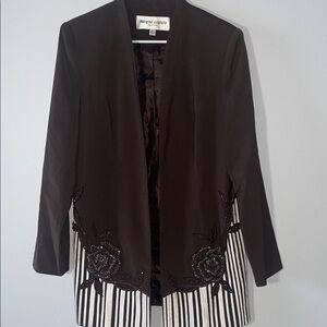 Chic Brown Blazer with Floral and Striped Design